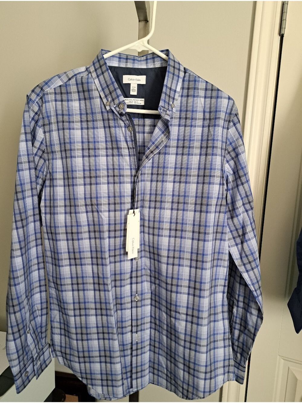 CALVIN KLEIN Infinite cool body fit cotton check plaid shirt blues button down M